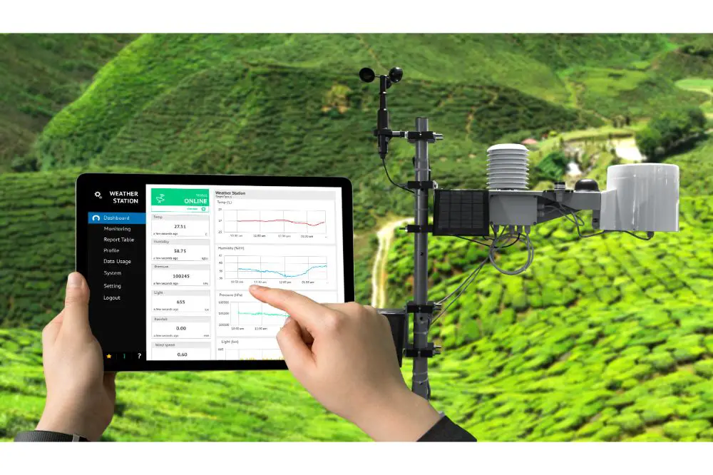 Weather station data logging wireless monitoring , tracking and forecasting temperature , humidity ,light ,wind , rain level with application on tablet screen